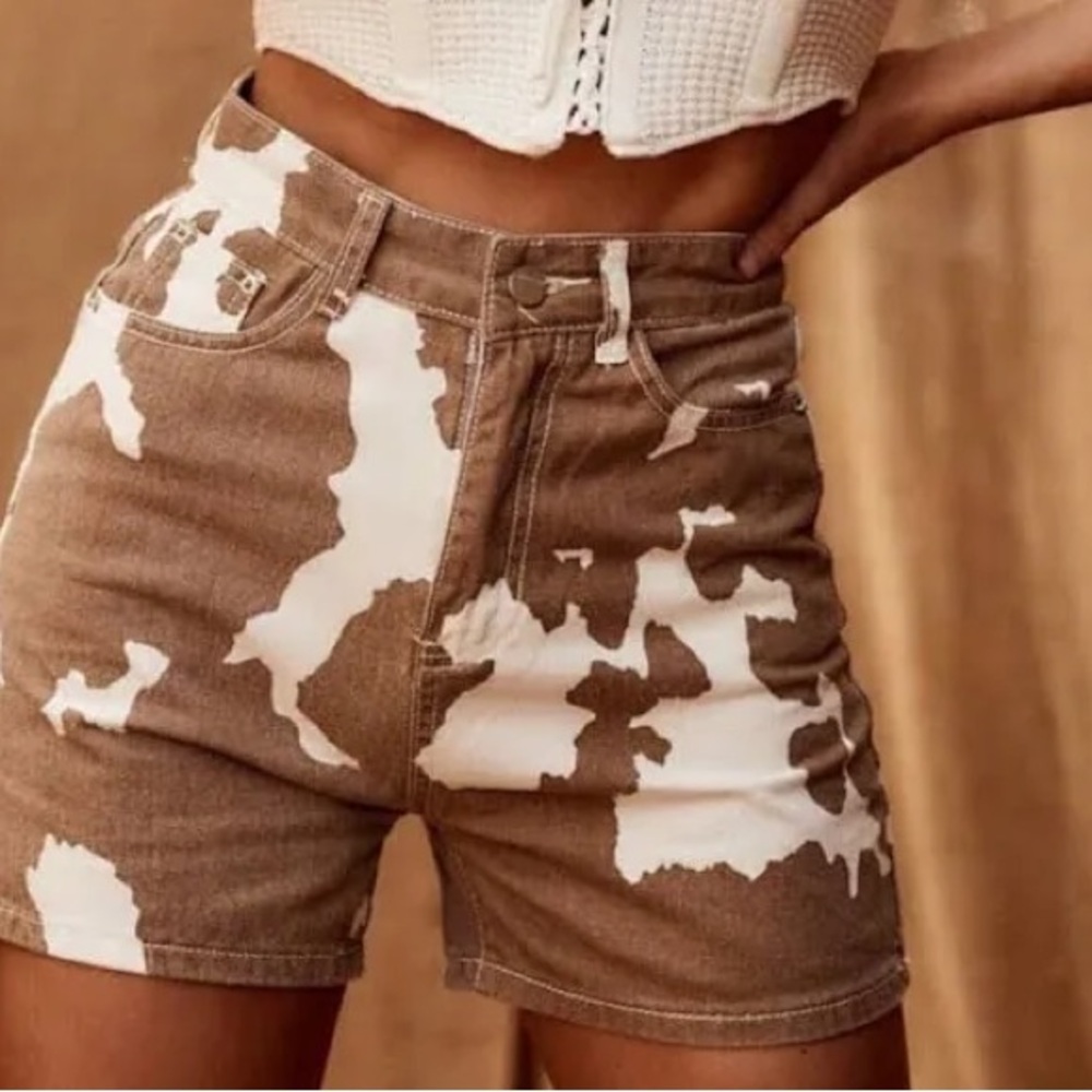 12th Tribe Cow Print Denim Shorts